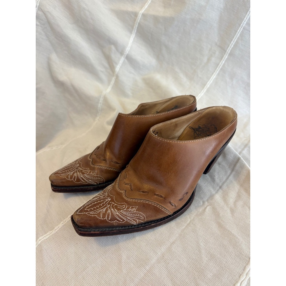 Lucchese Tan Leather Western Mule Heels Embroidered Pointed Toe 5B